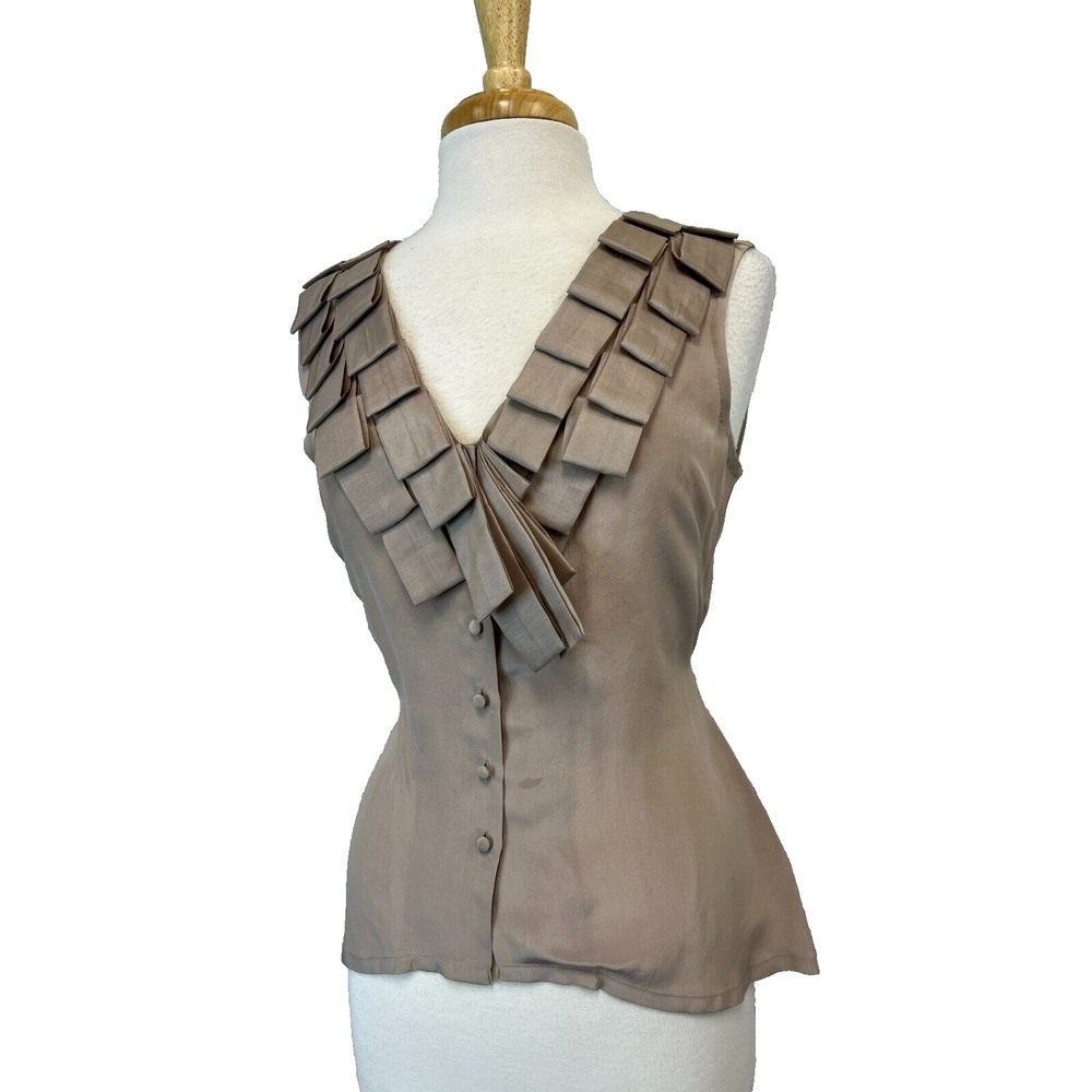 NWT Joana Baraschi‎ Silk Blouse Tan Pleated V-Neck Sleeveless Back Sashes SZ M